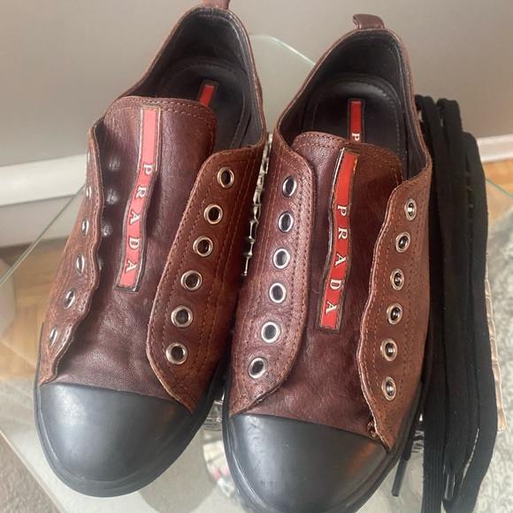 Prada Shoes - PRADA Brown Leather Sneakers Size 37.5